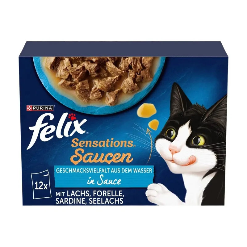 Sensations Saucen Nassfutter für Katzen Wasser-Vielfalt, 12 x 85 g – Zarte Stückchen in aromatischer Sauce, Verschiedene Fischsorten von Felix – Produktfoto