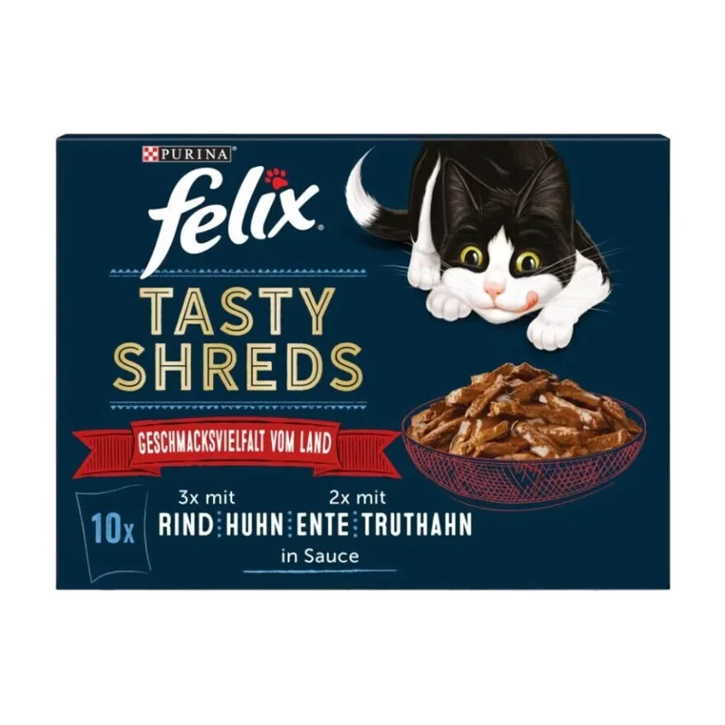 Tasty Shreds Nassfutter für Katzen Land-Vielfalt, 10 x 80 g – Feine Streifen in Sauce, Verschiedene Fleischsorten von Felix – Produktfoto