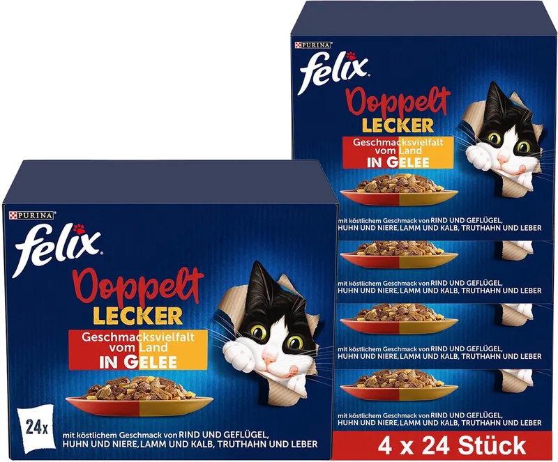 Zo lekker als het eruit ziet Dubbel lekker nat kattenvoer in gelei, assortiment, 4x24x85g de Felix – photo produit