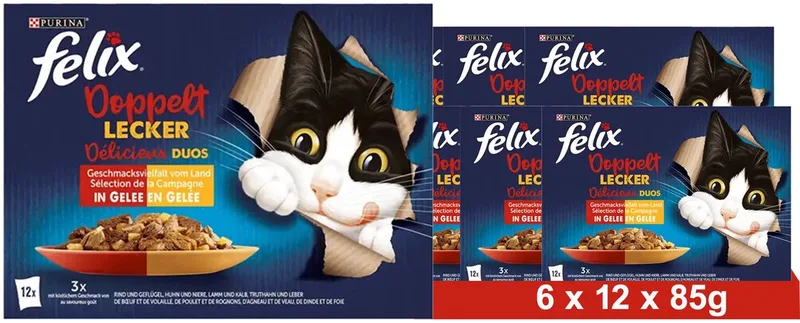 Zo lekker als het eruit ziet Dubbel lekker vleesmix, nat kattenvoer in gelei (6 x 12 x 85g) de Felix – photo produit