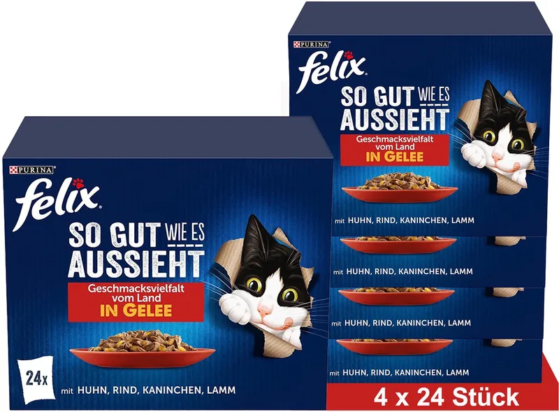 Zo lekker als het eruit ziet Nat kattenvoer in gelei, assortiment, (4 x 24 x 85g) by Felix – product photo