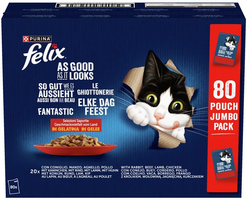 Zo lekker als het eruit ziet Smaakvariatie van het platteland in gelei, natvoer voor volwassen katten, 80 x 85g by Felix – product photo