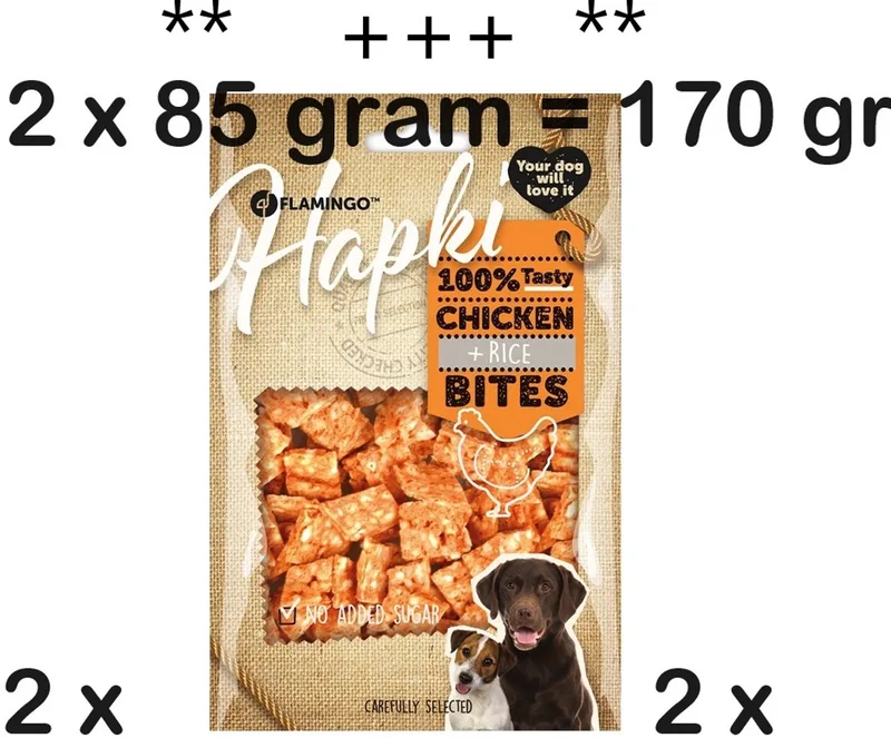 * 2 X * 85 gr Flamingo Hapki chicken + rice bites - hondensnack - géén toegevoegde suiker - training snack - = 170 gr by Flamingo – product photo