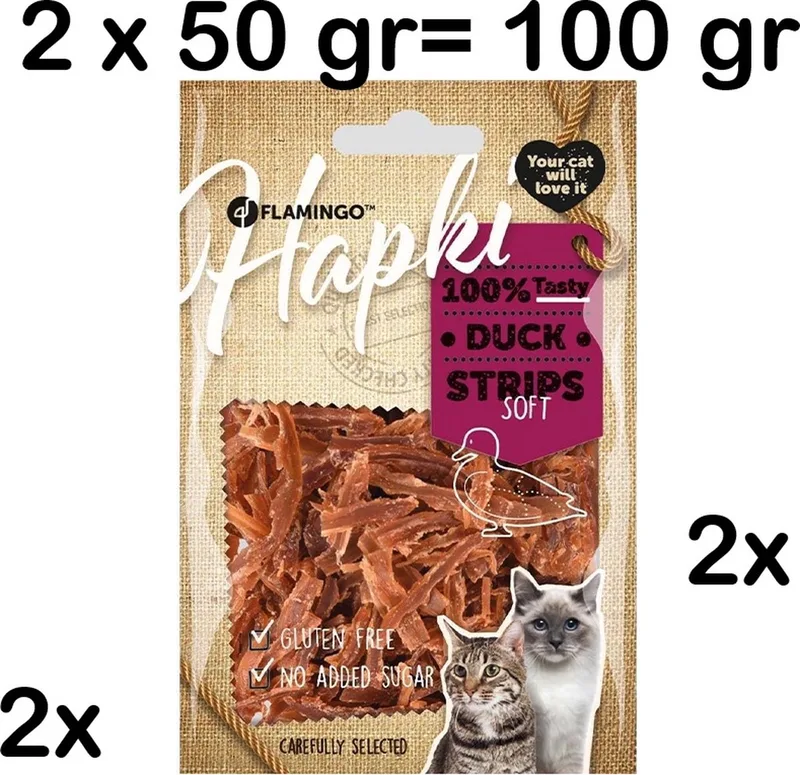 ** 2 X ** Flamingo HAPKI - kattensnack - Duck strips soft - 50 gr - glutenvrij - geen toegevoegde suiker ** = 100 GRAM** de Flamingo – photo produit