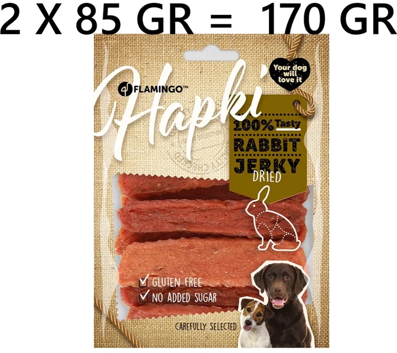 ** 2 X ** Flamingo hapki rabit strips dried - hondensnacks - 85 gr - glutenvrij - geen toegevoegde suiker - = 170 gram de Flamingo – photo produit