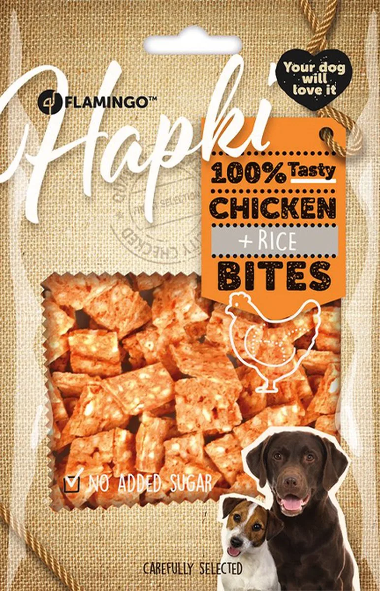 2 X Flamingo Hapki - Snack Honden - Chick'n Snack Chicken&rice Bites - 85 gram. 2 x 85 is 170 gram. Lekker en gezond voor uw vriend. Geen suiker toegevoegd by Flamingo – product photo