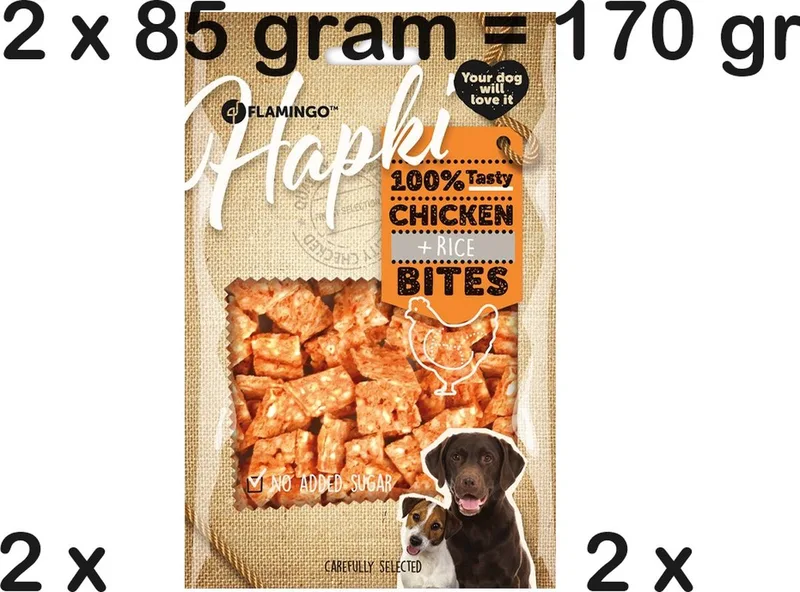 2X flamingo hapki hondensnack kip en rice bites 85 gram x 2 = 170 gram GEEN SUIKERS TOEGEVOEGD 100% TASTY by Flamingo – product photo