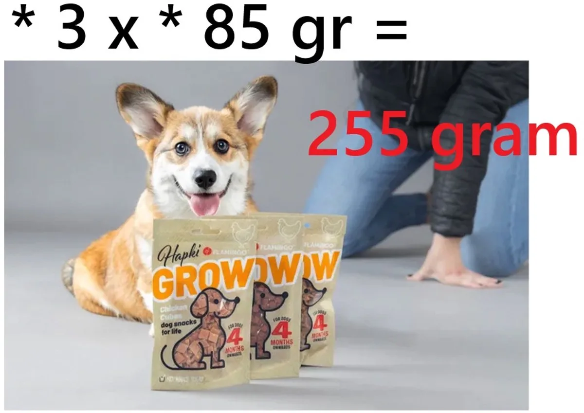 * 3 x * Flamingo hapki - grow chicken -vanaf 4 maanden voor pups - 85 gr x 3 = 255 gr - gezond en lekker von Flamingo – Produktfoto