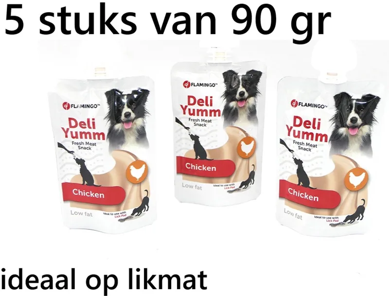 ** 5 X ** FLAMINGO Deli yumm kip 90 gr -fresh meat hondensnack - ideaal met likmat de Flamingo – photo produit