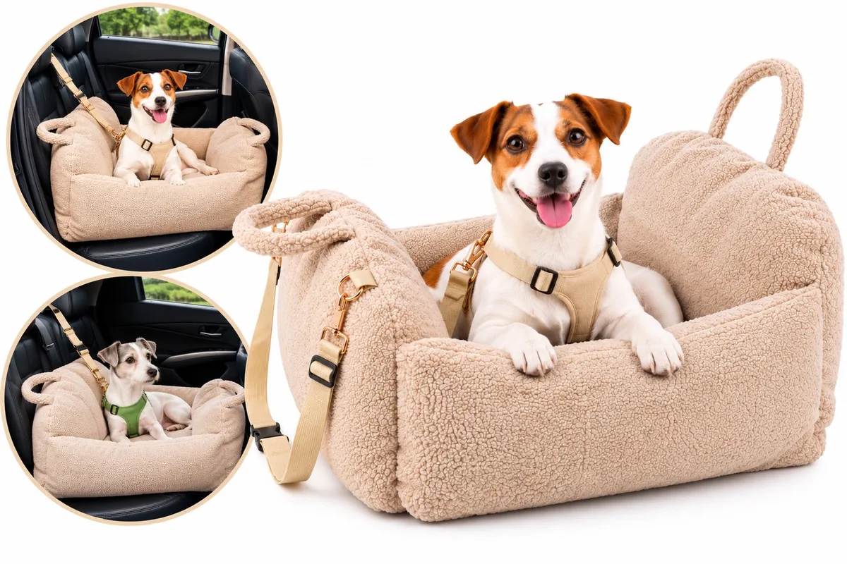 Autostoel hond – Flamingo Autostoel Clifford – 60x60x33cm – veilig & comfortabel – wasbare hoes van Flamingo in Beige – productfoto