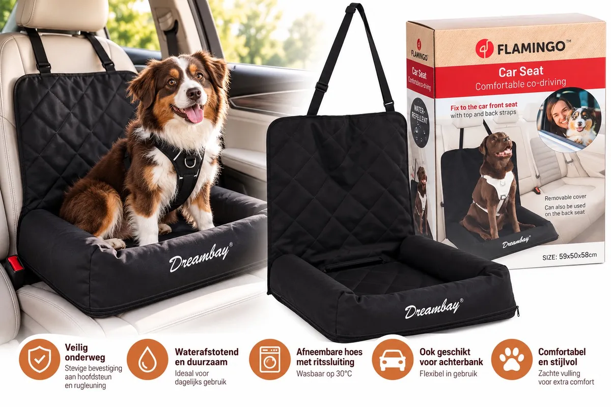Autostoel hond – Flamingo Autostoel Dreambay – 59x50x58cm – waterafstotend & veilig – wasbare hoes van Flamingo in Zwart – productfoto