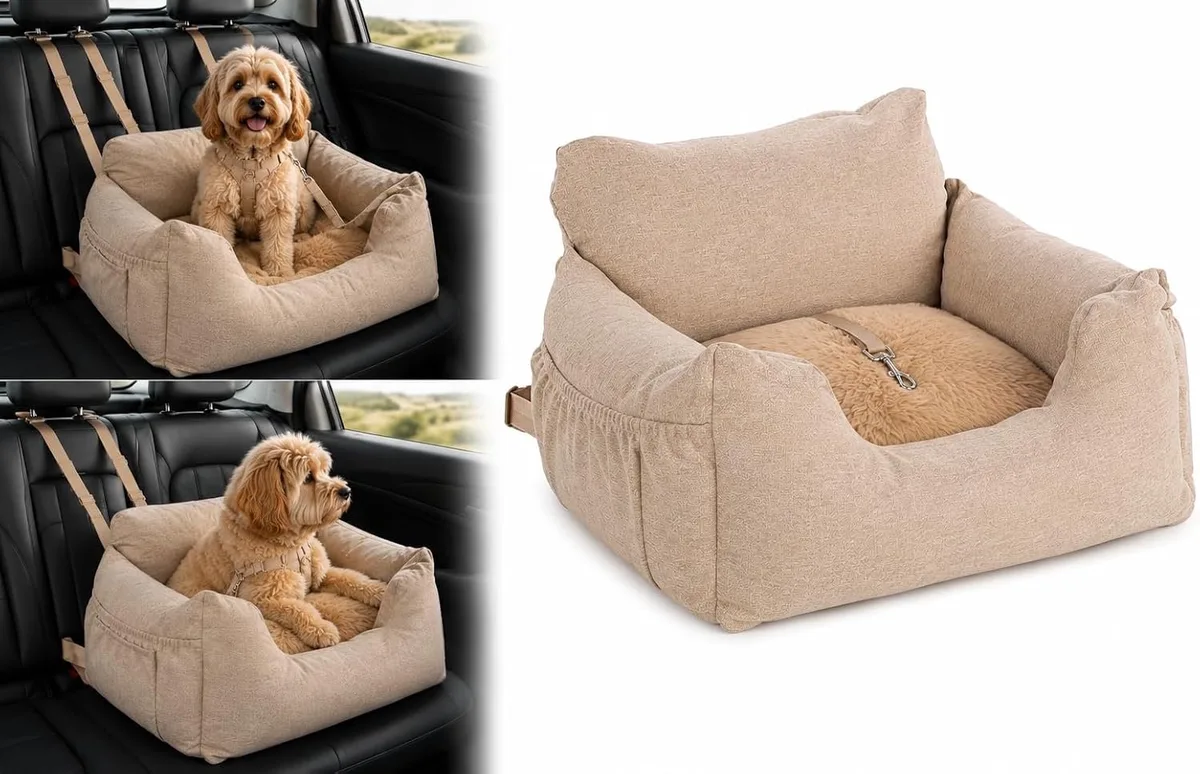 Autostoel hond – Flamingo Autostoel Megan – 56x50x17cm – wasbare hoezen & antislip bodem – veilig & comfortabel reizen von Flamingo in Beige – Produktfoto