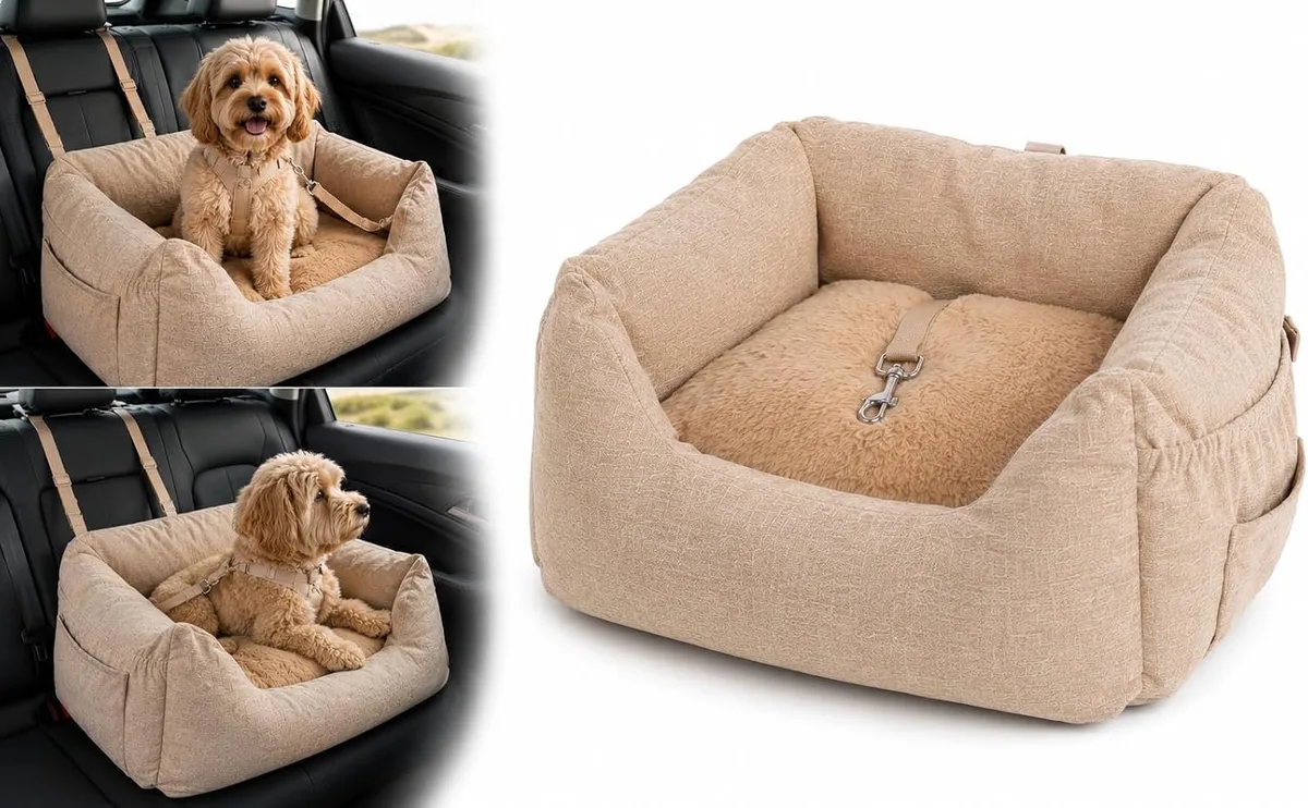 Autostoel hond – Flamingo Autostoel Megan – 62x62x25cm – wasbare hoezen & antislip bodem – veilig reizen voor kleine honden från Flamingo i Beige – produktbild