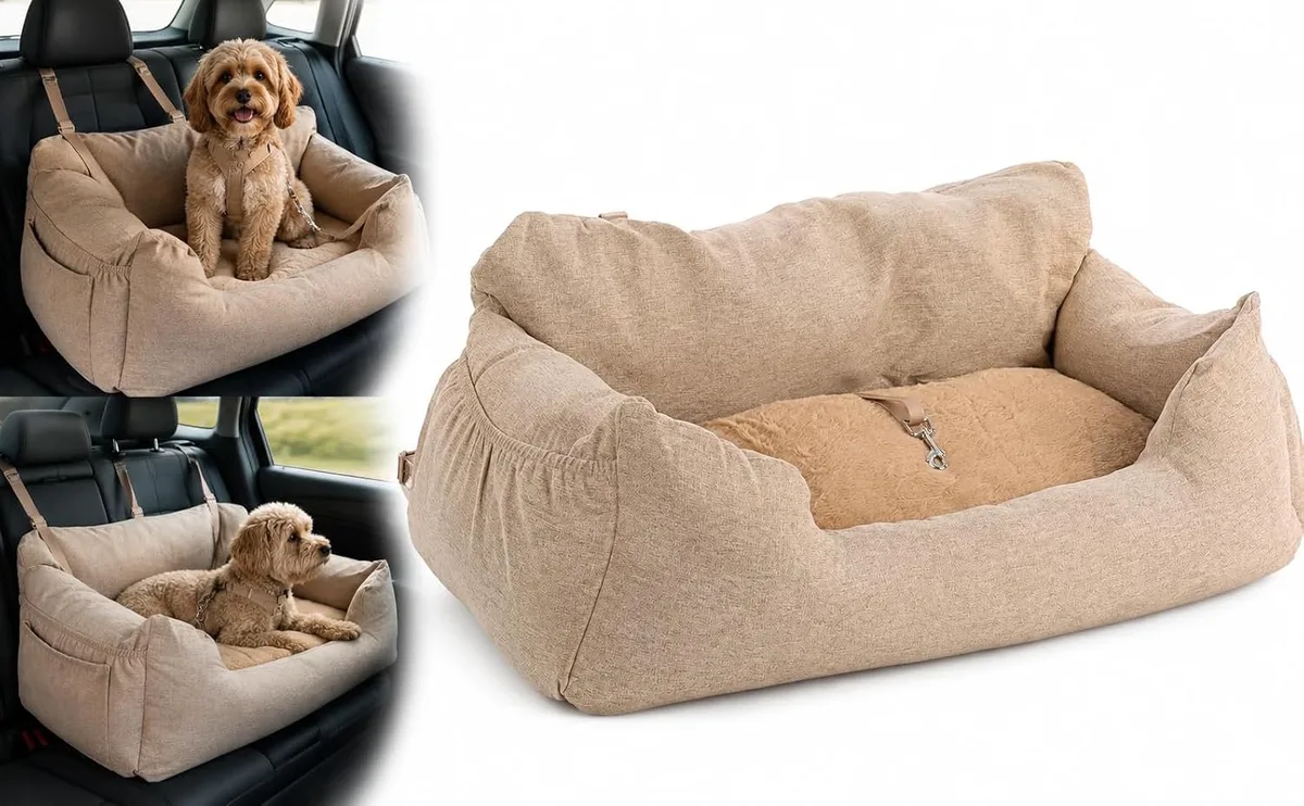 Autostoel hond – Flamingo Autostoel Megan – 82x60x15cm – veilig & comfortabel achterbankmodel – wasbare hoezen en antislip bodem von Flamingo in Beige – Produktfoto