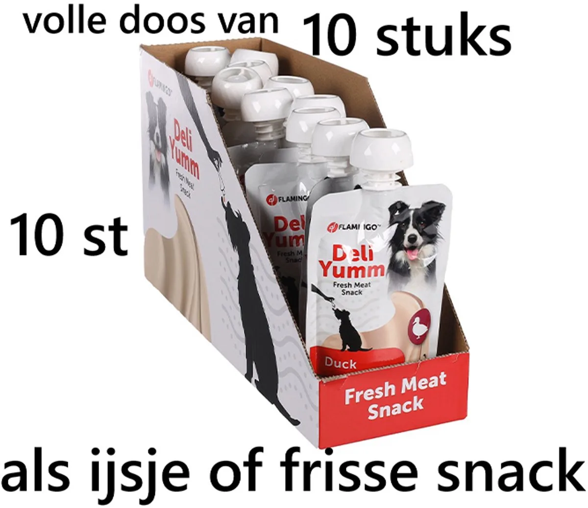 DELI YUMM eend -10 x 90 gr = 900 gram vloeibare snack - eend - voor uw schattige vriend. ideaal op likpad, gekoeld in frigo - ingevroren als ijsje - zeer lekker prijsvoordeel door hoeveelheid. de Flamingo – photo produit