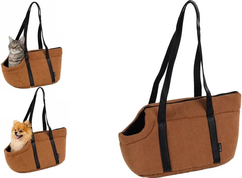 Draagtas hond – Draagtas kat – Flamingo Alessia Draagtas – 46 x 23 x 25 cm – ribfluweel afwerking – met ritssluiting – uitneembaar kussen – verstelbare veiligheidsriem – reistas hond & reistas kat by Flamingo in Brown – product photo