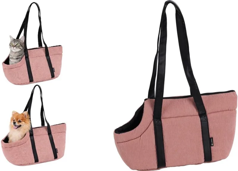 Draagtas hond – Draagtas kat – Flamingo Alessia Draagtas – 46 x 23 x 25 cm – ribfluweel afwerking – met ritssluiting – uitneembaar kussen – verstelbare veiligheidsriem – reistas hond & reistas kat van Flamingo in Roze – productfoto 1 van 4