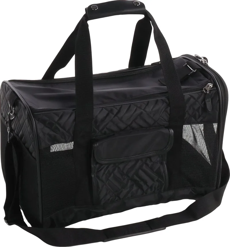 Draagtas hond – Draagtas kat – Flamingo Jasmine – 45,5 x 29 x 28,5 cm – ventilatiegaas – ritssluiting voor/boven – uitneembare bodem – 2 opbergvakken – reistas hond & reistas kat by Flamingo in Black – product photo