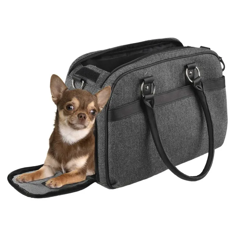Draagtas hond – Draagtas kat – Flamingo Justine Donkergrijs – 44 x 23 x 32 cm – ventilatiegaas – ritssluiting voor/boven – uitneembare bodem – veiligheidsriem – reistas hond & reistas kat by Flamingo in Grey – product photo 2 of 5