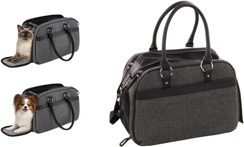 Draagtas hond – Draagtas kat – Flamingo Justine Donkergrijs – 44 x 23 x 32 cm – ventilatiegaas – ritssluiting voor/boven – uitneembare bodem – veiligheidsriem – reistas hond & reistas kat by Flamingo in Grey – product photo 1 of 5