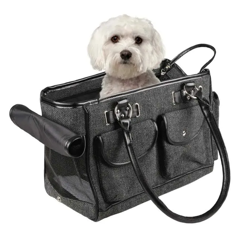 Draagtas hond – Draagtas kat – Flamingo Laura – 45 x 25 x 27 cm – ventilatiegaas – ritssluiting boven – uitneembare bodem – 3 opbergvakken – veiligheidsriem – reistas hond & reistas kat by Flamingo in Grey – product photo 2 of 5