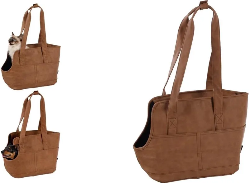 Draagtas hond – Draagtas kat – Flamingo Peaches – 46 x 23 x 31,5 cm – kunstleder – ritssluiting – uitneembare bodem – 4 opbergvakken – veiligheidsriem – reistas hond & reistas kat von Flamingo in Braun – Produktfoto