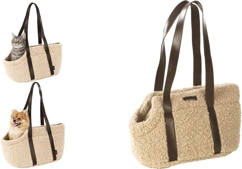 Draagtas hond – Draagtas kat – Flamingo Pookie – 50 x 24 x 26 cm – fleece – handwas – ritssluiting – uitneembare bodem – veiligheidsriem – opbergvak – reistas hond & reistas kat by Flamingo in Beige – product photo