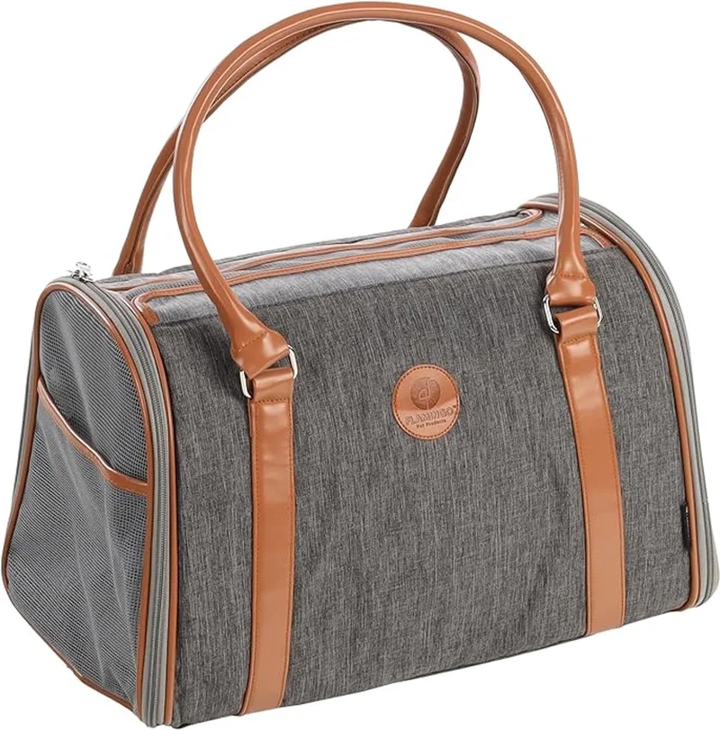 Draagtas hond – Draagtas kat – Flamingo Sitka – 45 x 25 x 28 cm – ritssluiting zijkant – uitneembare bodem – 2 opbergvakken – voetjes – veiligheidsriem – reistas hond & reistas kat by Flamingo in Grey – product photo 1 of 2