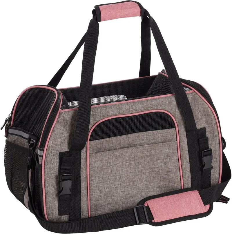 Draagtas hond – Draagtas kat – Flamingo Xandor Taupe – 48 x 25 x 33 cm – puppy – reflecterende stroken – uitneembare bodem – autogordellus – trolleybevestiging – reistas hond & reistas kat by Flamingo in Grey – product photo 1 of 6