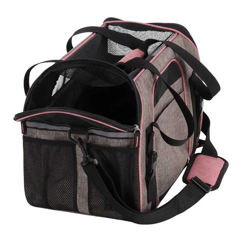 Draagtas hond – Draagtas kat – Flamingo Xandor Taupe – 48 x 25 x 33 cm – puppy – reflecterende stroken – uitneembare bodem – autogordellus – trolleybevestiging – reistas hond & reistas kat by Flamingo in Grey – product photo 3 of 6