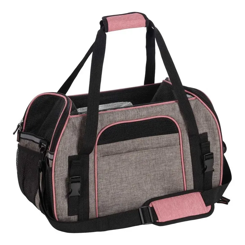 Draagtas hond – Draagtas kat – Flamingo Xandor Taupe – 48 x 25 x 33 cm – puppy – reflecterende stroken – uitneembare bodem – autogordellus – trolleybevestiging – reistas hond & reistas kat by Flamingo in Grey – product photo 2 of 6