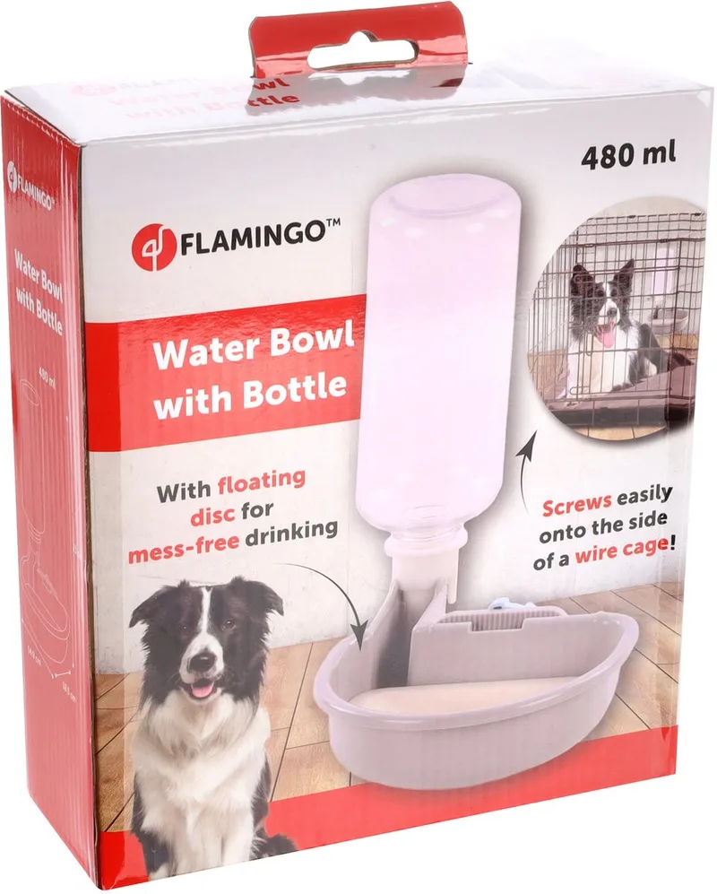 drinkfles hondenbench – drinkbak bench hond – drinkfles transportbench – anti-mors systeem – universeel klemsysteem – Diza – 480 ml de Flamingo en Gris – photo produit