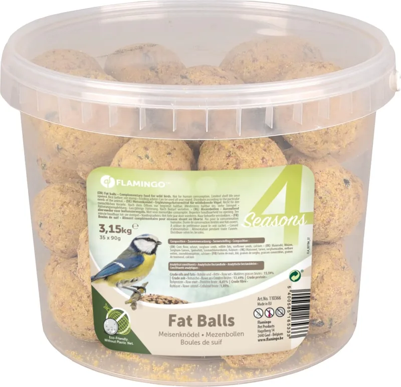 Flamingo 4 Seasons Mezenbollen - Vetbollen - Zonder Net - in Emmer - voor Buitenvogels - 35st / 3,15kg fra Flamingo – produktbillede