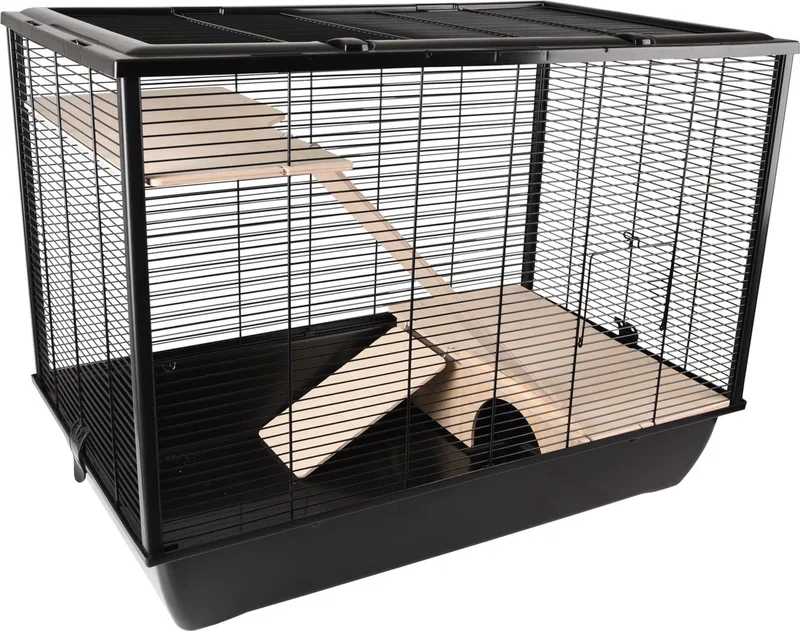 Hamsterkooi – Flamingo Elsa – caviakooi & dwergkonijnenkooi – grote knaagdierenkooi met platforms, loopplanken en schuilplaats – metaal & hout naturel – 77x47x60 cm – Europese kwaliteit von Flamingo in Schwarz – Produktfoto
