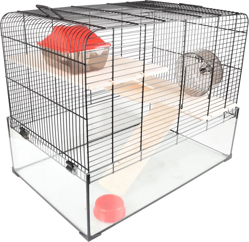 Hamsterkooi – Flamingo Vitru 2 – hamsterkooi met glazen bodem – complete kooi met looprad, platforms en accessoires – 59x38x47 cm – Europese kwaliteit fra Flamingo i Sort – produktbillede