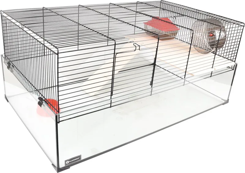Hamsterkooi – Flamingo Vitru 3 – hamsterkooi met glazen bodem – complete kooi met looprad, platform en accessoires – 78x48x34,5 cm – Europese kwaliteit von Flamingo in Schwarz – Produktfoto