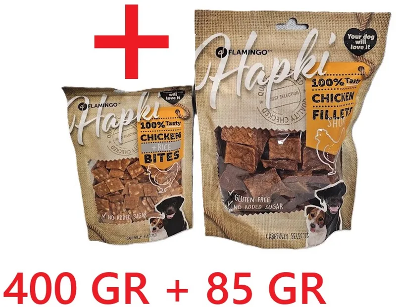hapki hondensnack - chicken filet kort 400 gr + chicken and rice bites 85 gr trainingssnack - glutenvrij - geen toegevoegde suiker - lekker en gezond von Flamingo – Produktfoto