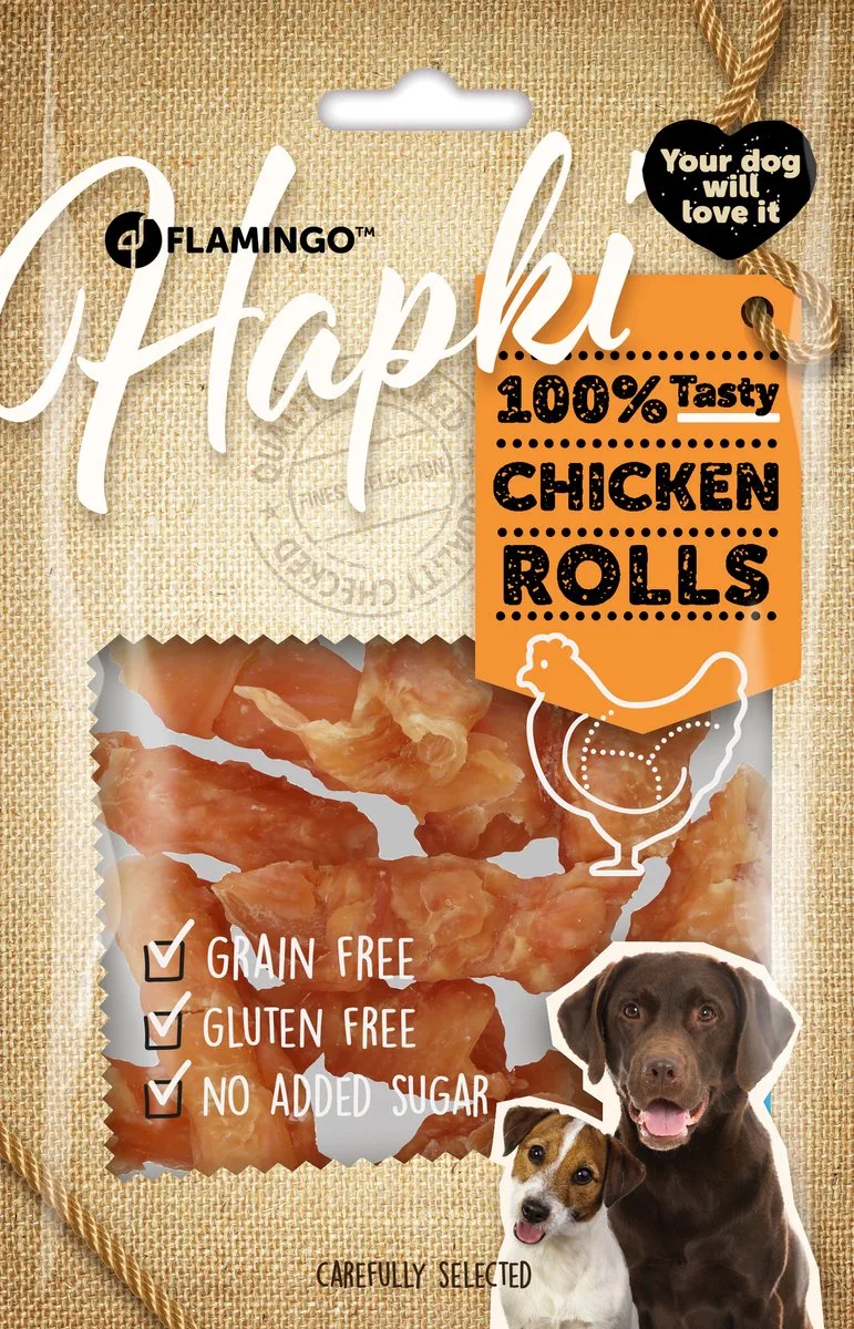 hapki hondensnack - chicken rolls - kiprolletjes - graanvrij - glutenvrij - geen toegevoegde suiker 85 gram von Flamingo – Produktfoto