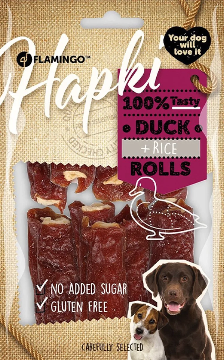 HAPKI hondensnack - Duck en rice rolls 85 gr - geen toegevoegde suikers von Flamingo – Produktfoto
