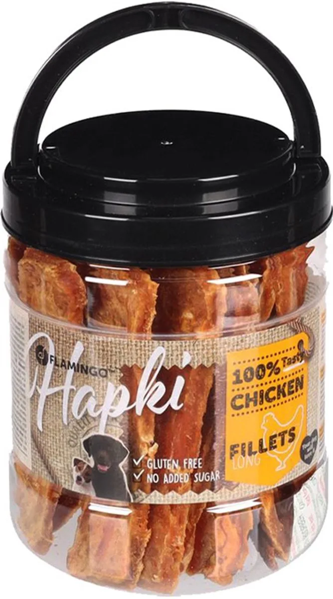 Hapki hondensnack - kippenstrips in pot - 500 gr - glutenvrij - geen toegevoegde suikers . von Flamingo – Produktfoto
