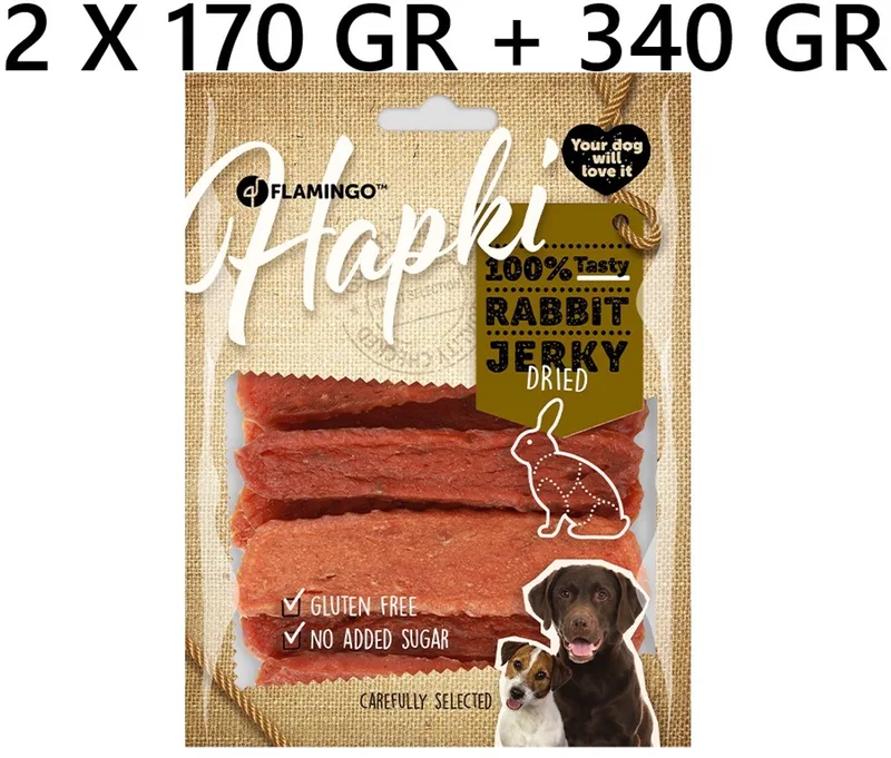 Hapki - hondensnack - rabbit jerky dried - 170 gr *** 2 X *** = 340 gr - glutenvrij - geen toegevoegde suiker de Flamingo – photo produit