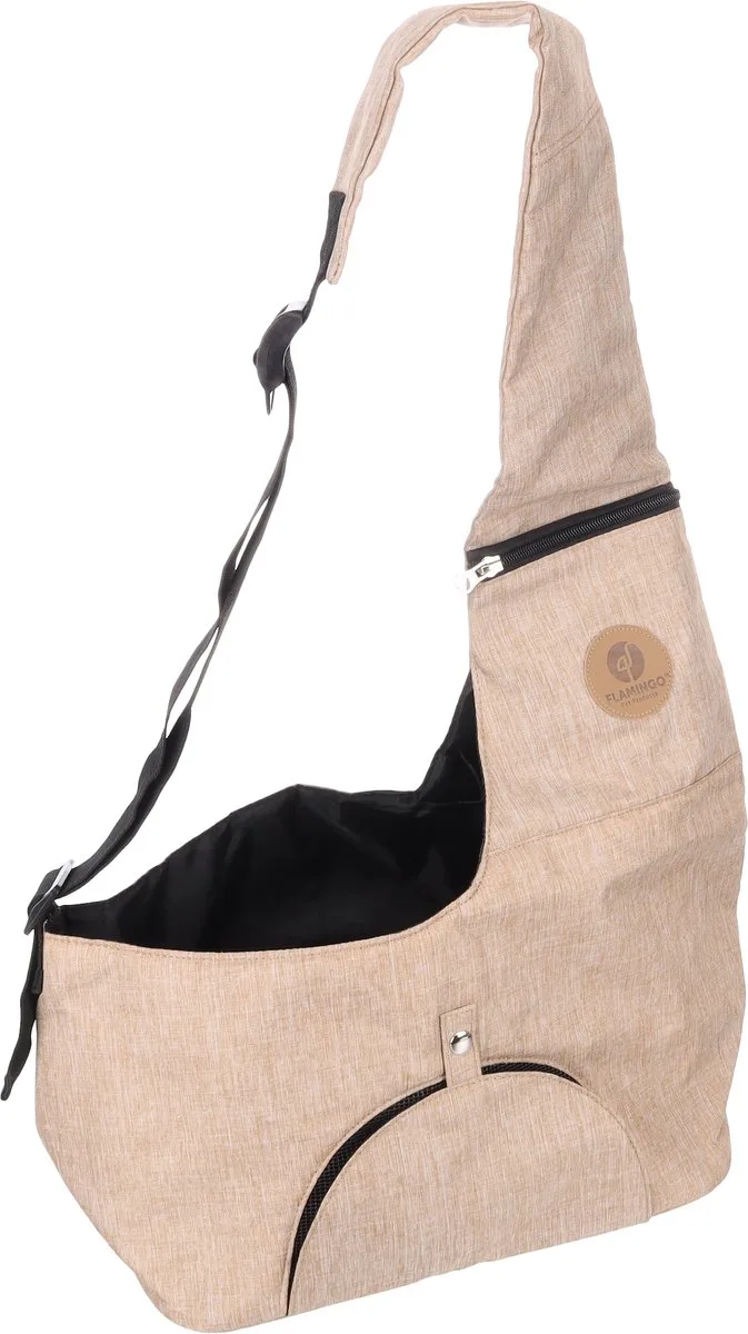 Hondendraagzak – Flamingo Kanga – 44 x 20 x 20 cm – ventilatiegaas – handwas – uitneembare bodem – opbergvak met rits – veiligheidsriem – reistas hond von Flamingo in Beige – Produktfoto
