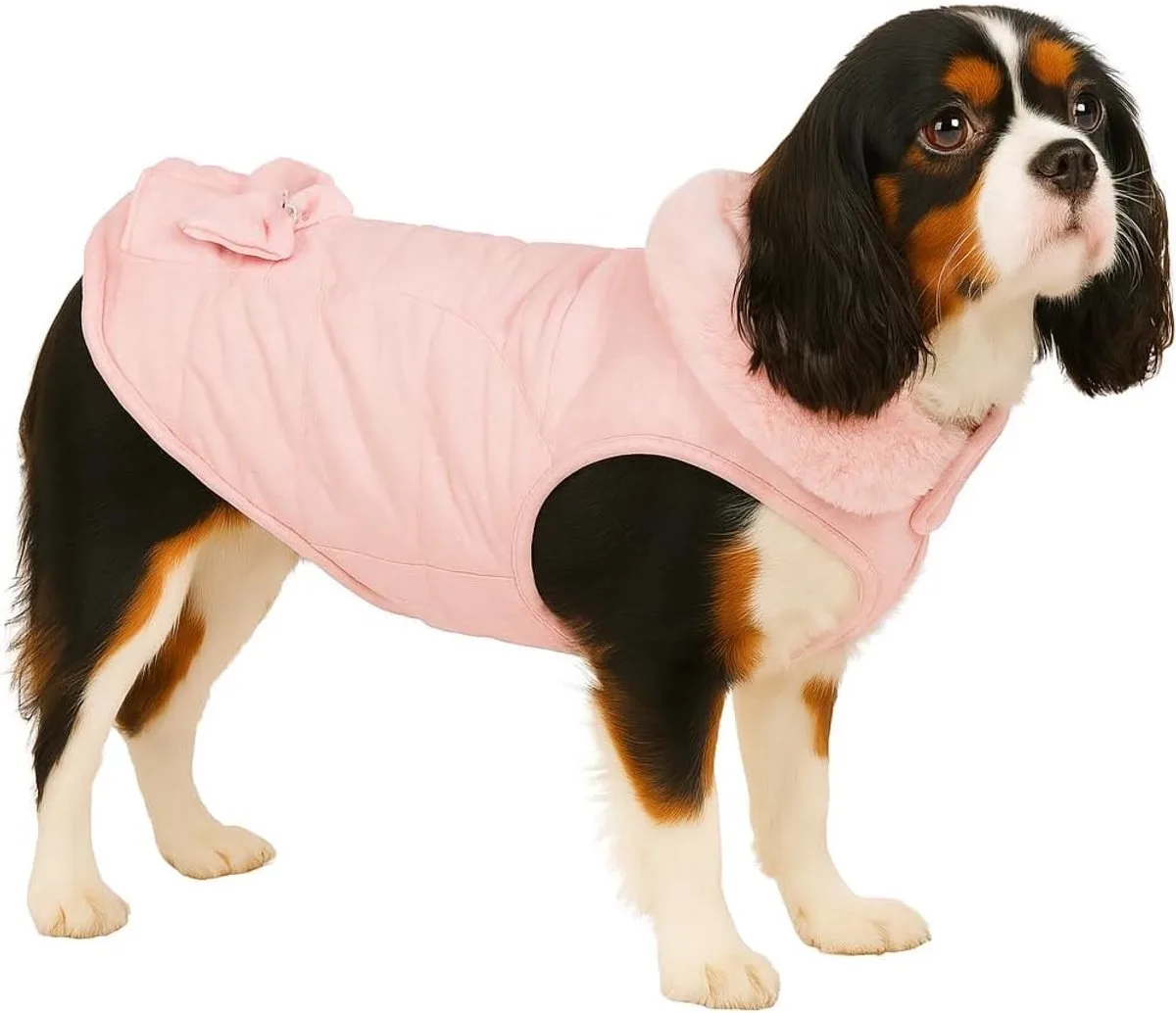 Hondenjas – Guzzi 35cm – warme fleece hondenjas met klittenbandsluiting, waterafstotend & stijlvol strikdetail de Flamingo en Rose – photo produit