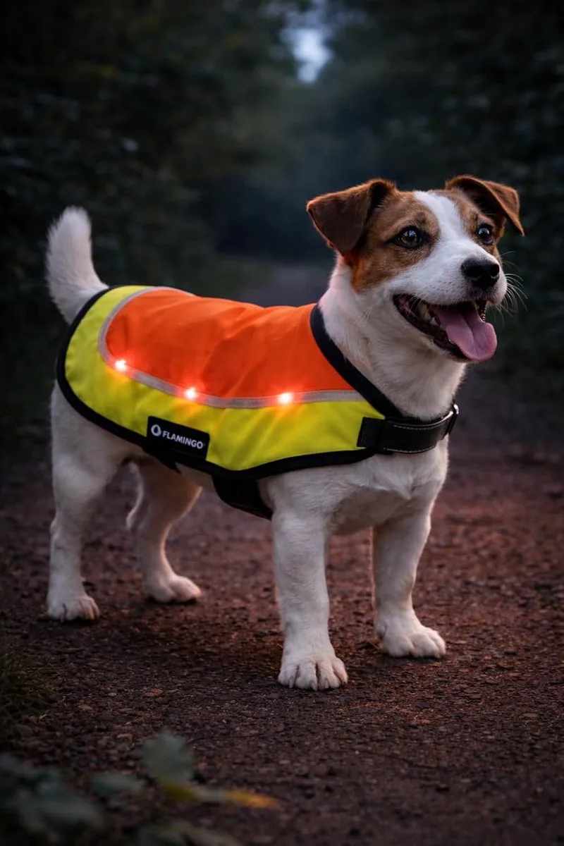 Hondenjas – Regenjas hond – veiligheidsvest met led licht Simi Fluo oranje S – reflecterend – spatwaterdicht – oplaadbaar – voor alle honden van Flamingo in Geel – productfoto