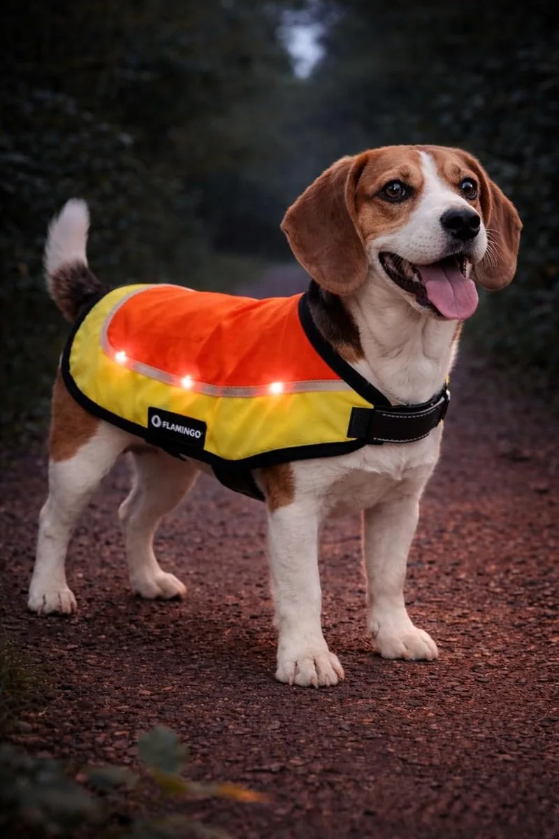 Hondenjas – Regenjas hond – veiligheidsvest met led licht Simi Fluo oranje M – reflecterend – spatwaterdicht – oplaadbaar – voor alle honden de Flamingo en Jaune – photo produit