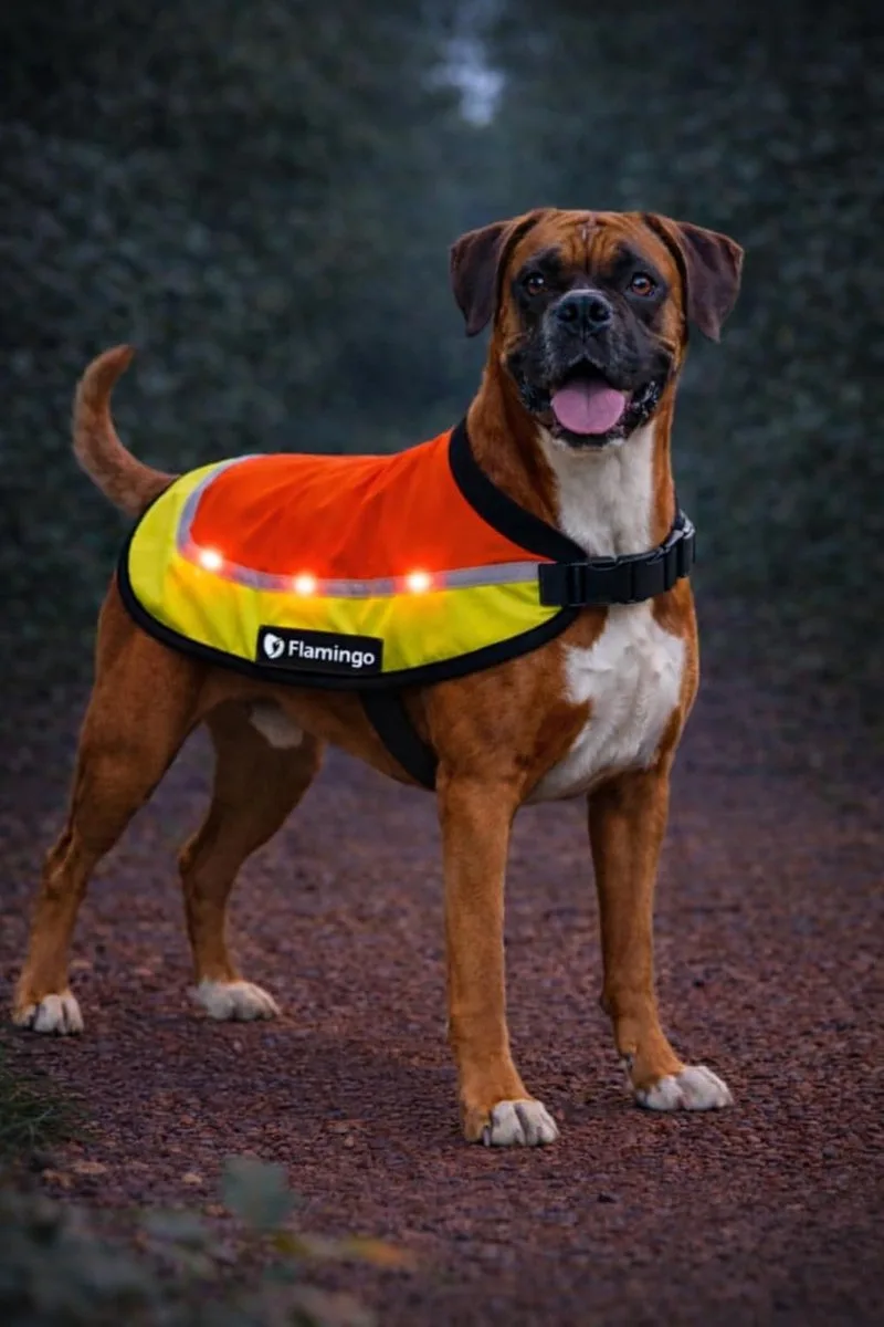Hondenjas – Regenjas hond – veiligheidsvest met led licht Simi Fluo L – reflecterend – spatwaterdicht – oplaadbaar – voor alle honden van Flamingo in Oranje – productfoto