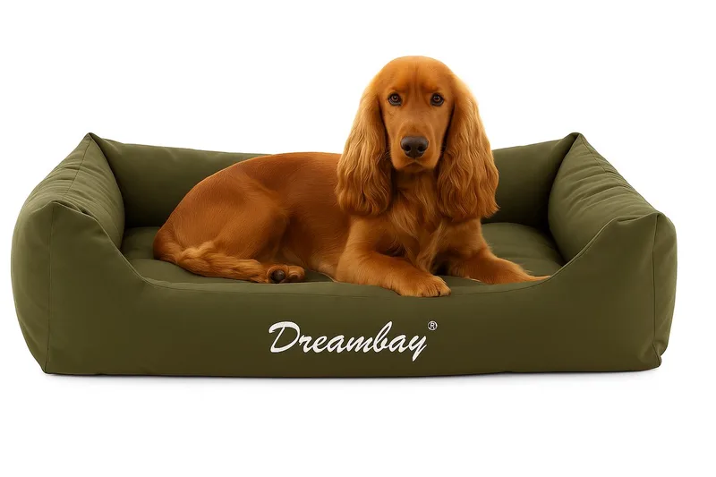 Hondenmand – orthopedisch hondenkussen Dreambay® 80x67cm – waterafstotend & afneembare hoes – duurzaam Europees design de Flamingo en Olijfgroen – photo produit