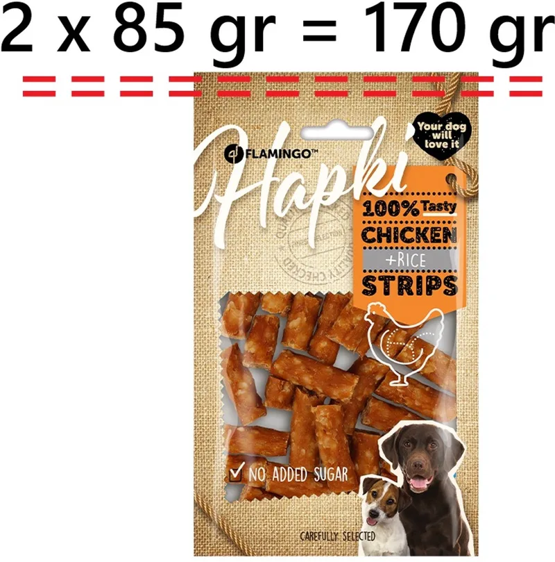 hondensnack - chicken and rice strips 85 gr +*** 2 X *** = 170 gram - - géén toegevoegde suiker - vanaf 6 maanden by Flamingo – product photo