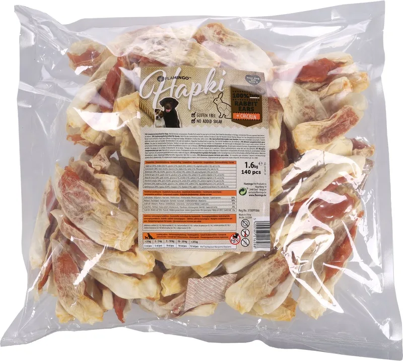 Hondensnack – Flamingo Hapki Konijnenoren met kip 1,6kg – glutenvrije hondensnoepjes zonder suikers by Flamingo – product photo 1 of 2