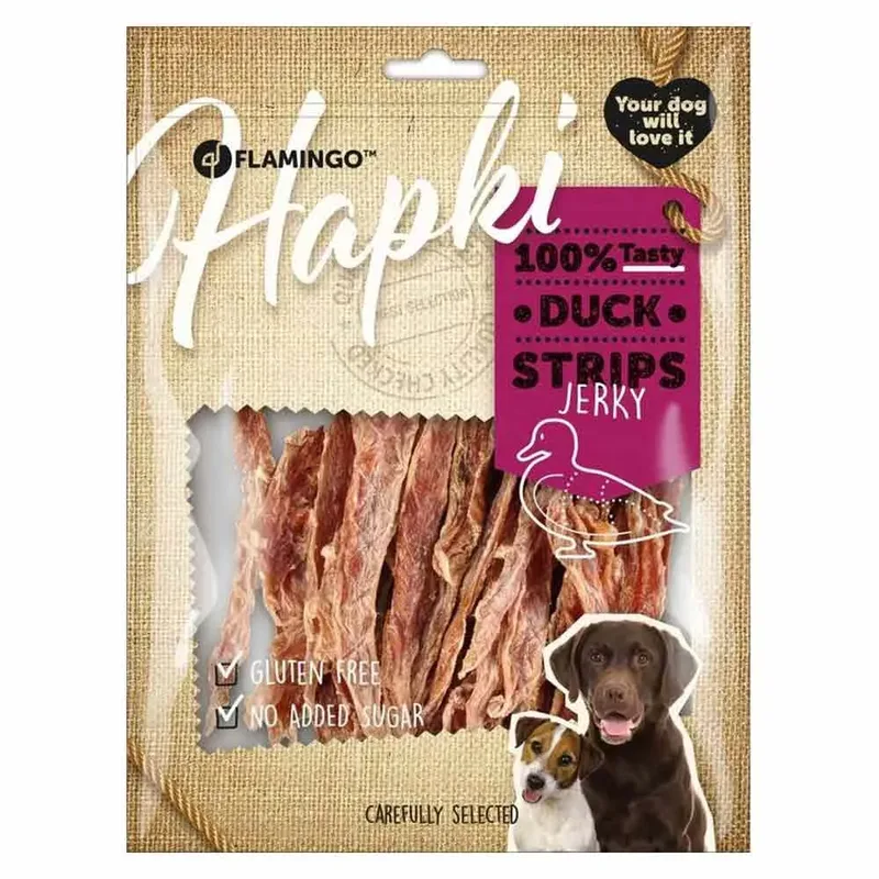 Hondensnack – Flamingo Hapki Strips met eend 400g – gezonde hondensnoepjes – eiwitrijk & vetarm by Flamingo – product photo 2 of 2
